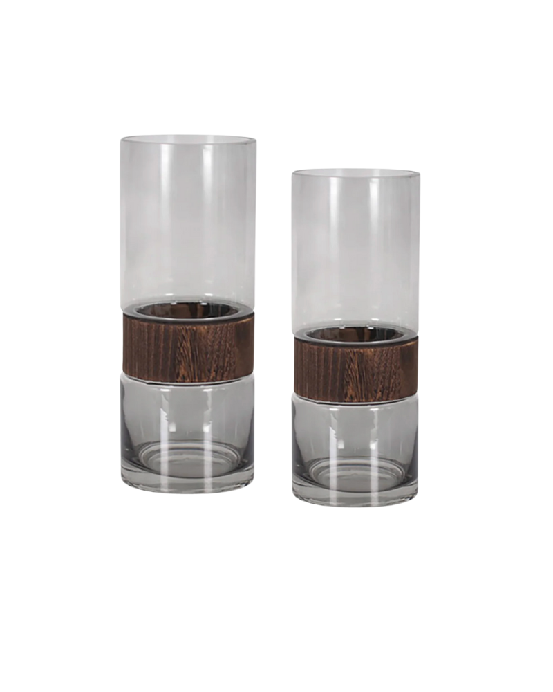 Cylinder Vase with Wood Band Short - Smoke