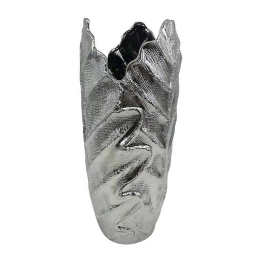 Ceramic Scratched Leaf Vase - Silver